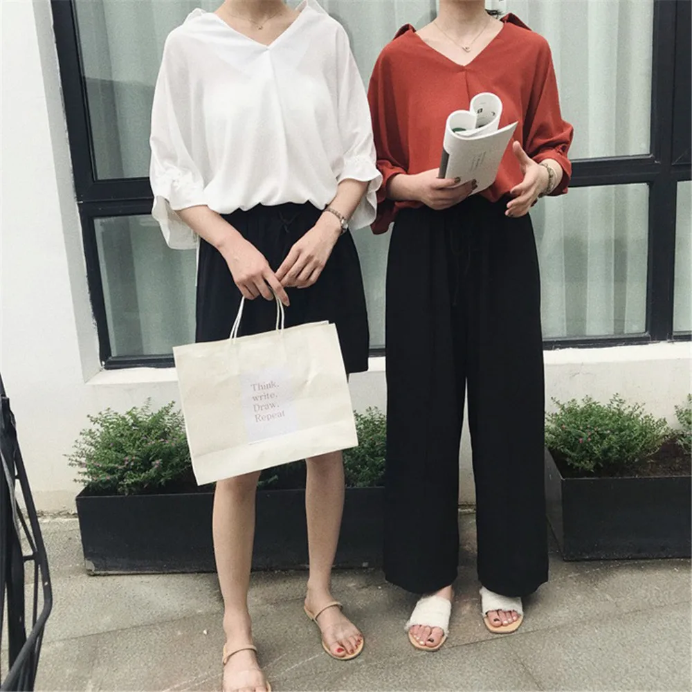 High quality Casual Chiffon V-neck Loose Shirt Office Wear 2018 White Women Blouse Shirt Half Batwing Sleeve Summer Elegant top (16)
