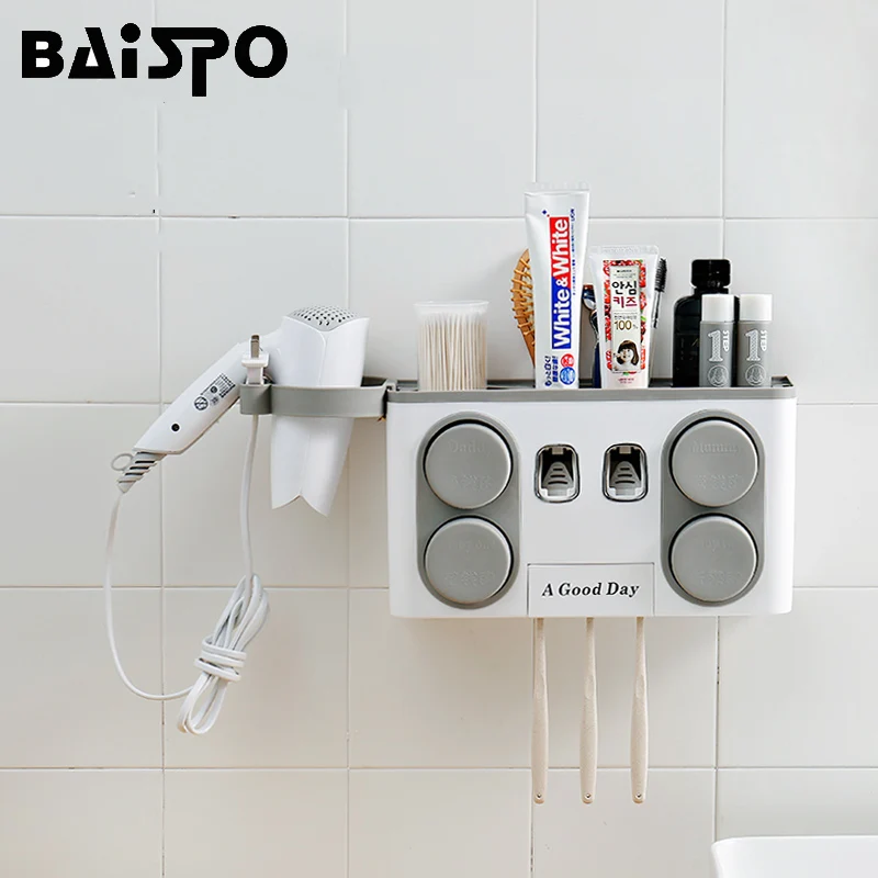

BAISPO Bathroom Set Accessories Toothbrush Holder Automatic Toothpaste Dispenser Suction Cup Wall Mount Bathroom Storage Box