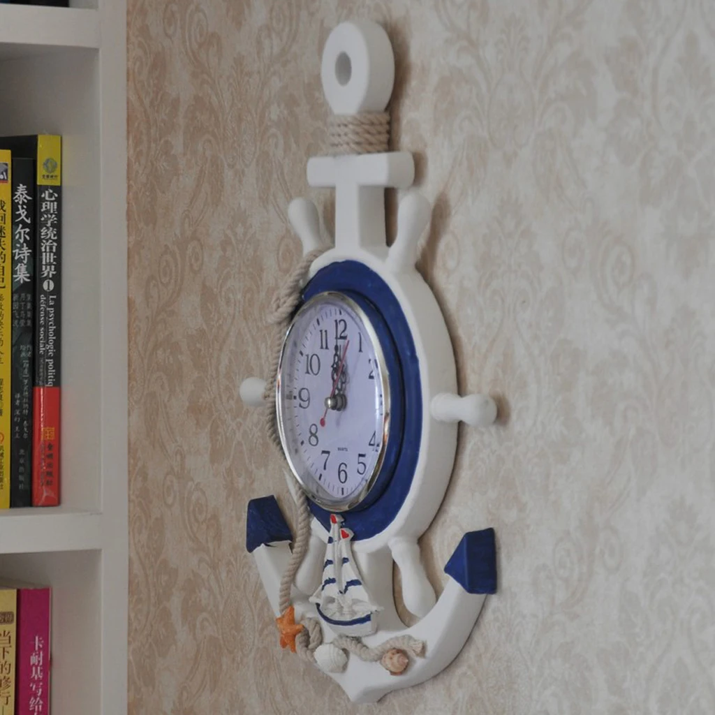 Nautical Theme Beach Ship Wheel 33cm Dia Wall Clock Hanging Decor Ornament Shelf Stand Wall Mounted 