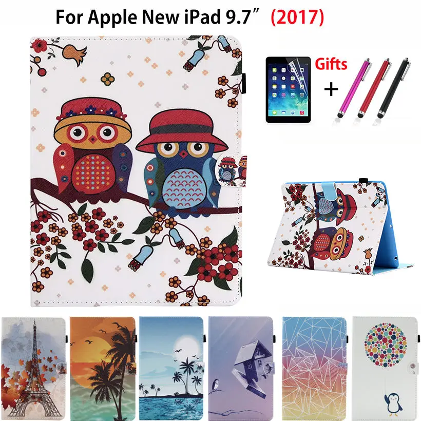 

Fashion Painted Case For Apple New iPad 9.7 2018 2017 Case Cover A1822 Funda Tablet Silicone PU Leather Stand Shell+Stylus+film