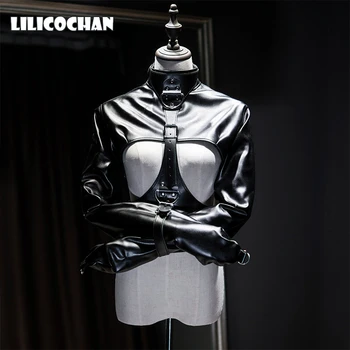 

Fetish female open breast cupless leather BDSM bondage strait jacket top women's restraint straight jacket Fetish costumes