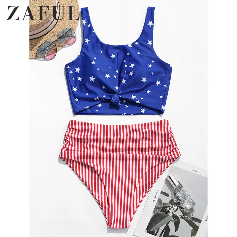 

ZAFUL Bikini American Flag Tied Plunging Tankini Women Beach Swimwear Push Up High Waisted Bikini Padded Ruffles Swimsuit 2019