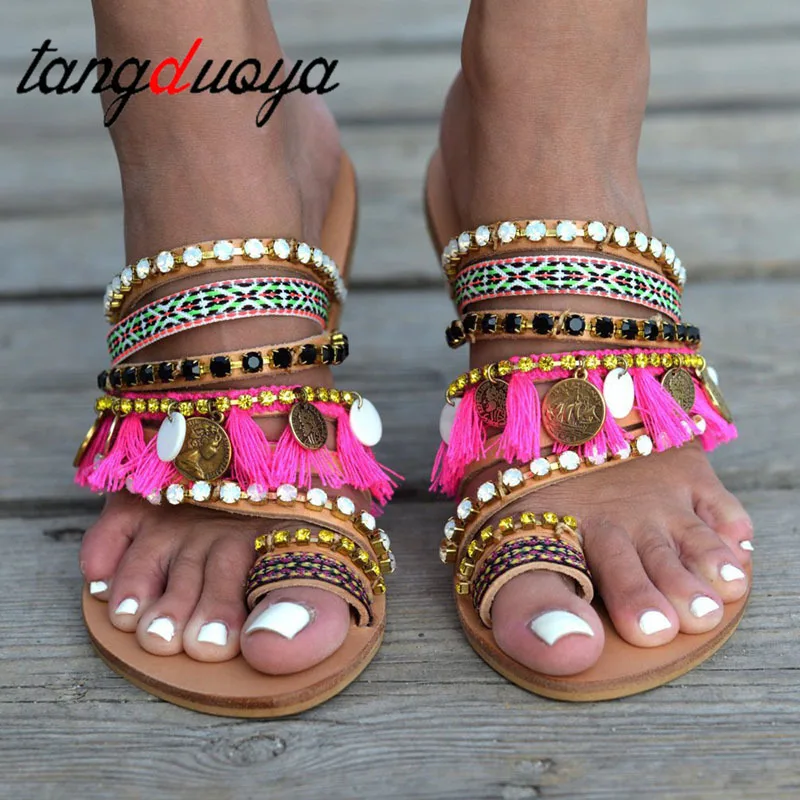 

Summer New Flat Shoes rhinestone Beach shoes Female Flip Flops Women Leisure Slippers Peep-Toe Outdoor Shoes size 34-43