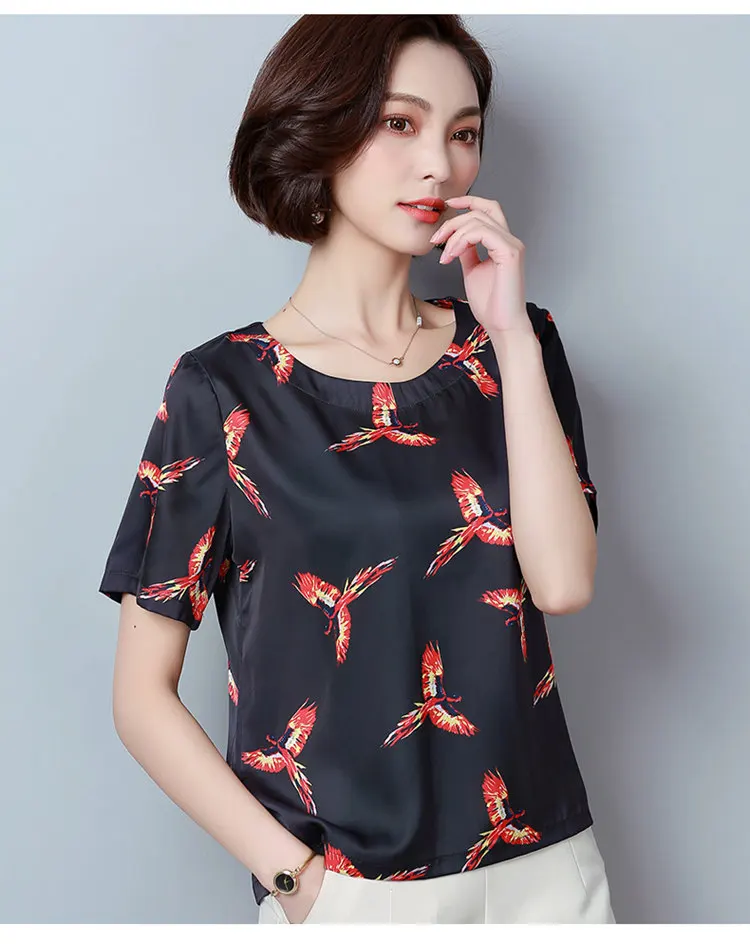 New Summer Tops Ladies 2018 Fashion Birds Print Blouses Women Short Sleeve Chiffon Blouse Shirt Casual Large Size Blusa Mujer Ete (5)