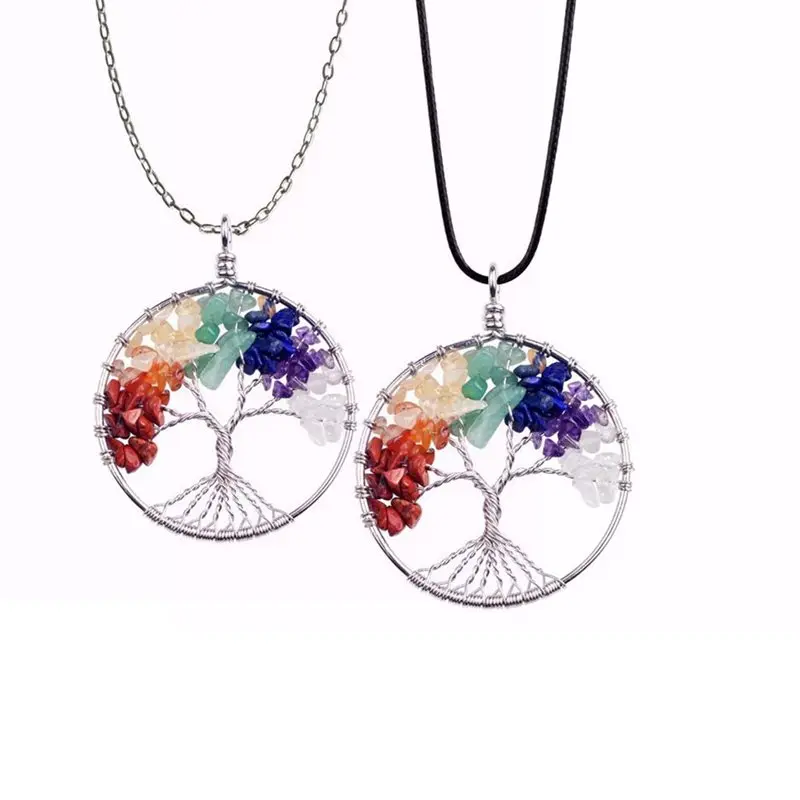 

7 Chakra Stone Tree Of Life Pendant Handmade Wire Wrapped Natural Quartz Stone Necklaces Yoga Pendant For Woman Gift