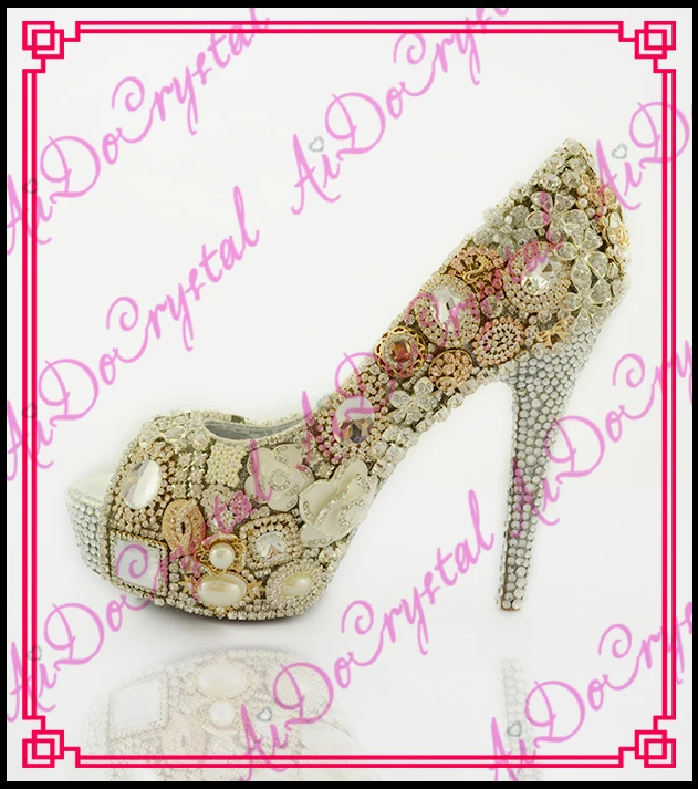 Aidocrystal new design beige crystal diamond high heels wedding font b shoes b font sexy peep