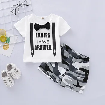 

Newborn Baby Boy Clothes Little Gentleman Short Sleeve Bowknot Romper Tops+ Camouflage Pant Trouser Hat Outfits Kids Clothing