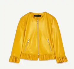 2019 Весенняя женская ярко-желтая куртка из искусственной кожи с круглым вырезом и оборками, Куртки из искусственной кожи, женская кожаная