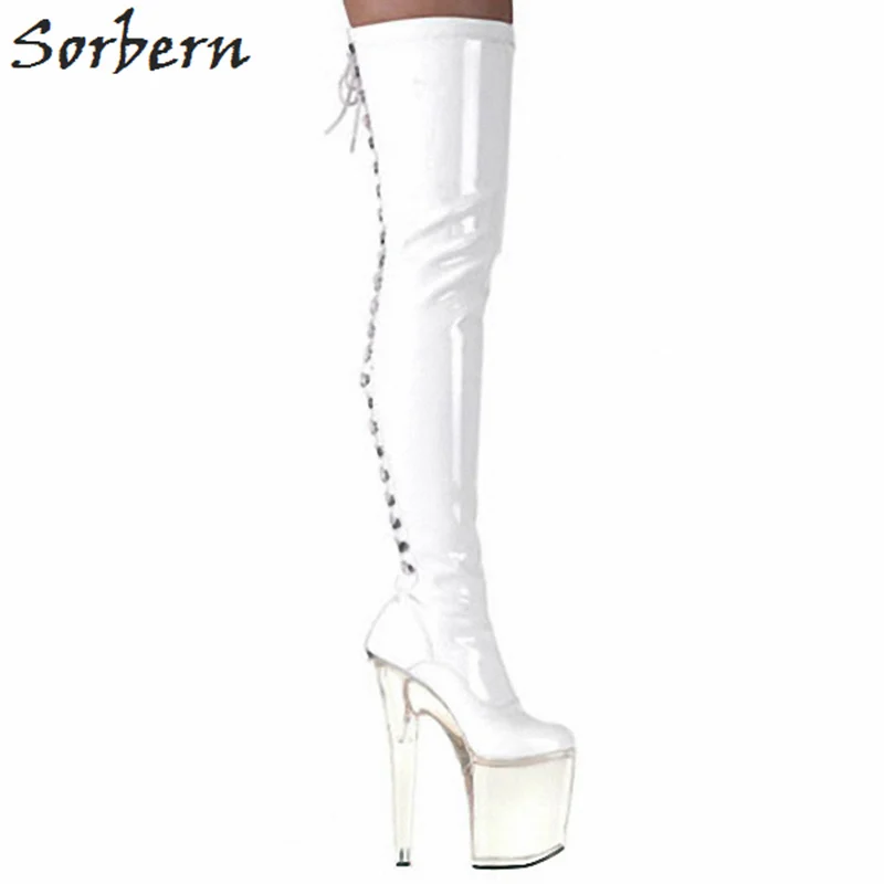 Sorbern/растягивающиеся блестящие модельные ботинки для женщин; сапоги до бедра на заказ; ботильоны до середины голени; размер обуви; женские Ботинки на каблуке; цвет на заказ - Цвет: White Clear Heel