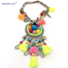 Новинка, колье ручной работы в стиле бохо, богемное разноцветное помпонное колье с подвесками, женское море, пляж, кисточка, Шарм