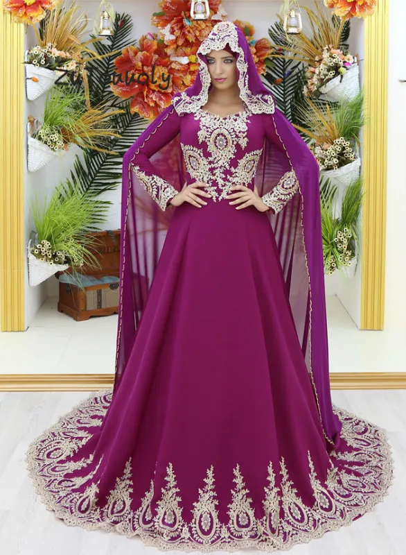 Традиционные Turish Musilm хиджаб вечерние платья Caftan Дубай фиолетовые Вечерние платья с Caped кружева с длинным рукавом выпускное платье исламское