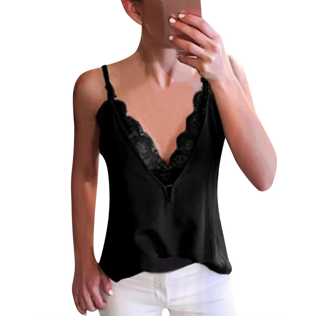 

Tank Top Women Summer Sexy V Neck Lace Patchwork Strappy Sleeveless Sheath Stretch Soft Daily Casual Camis Vest Tank Tops