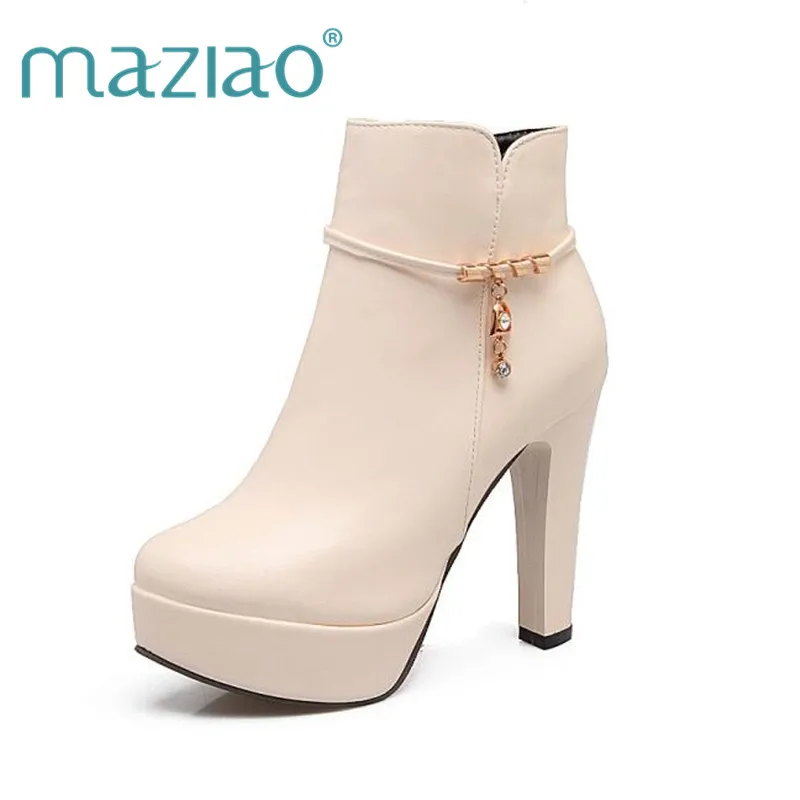 

MAZIAO Women Winter Boots High Heel Ankle Boots Zip Platform Shoes Round Toe Ladies Sexy Velvet Boots 2018 Beige Black 34-43