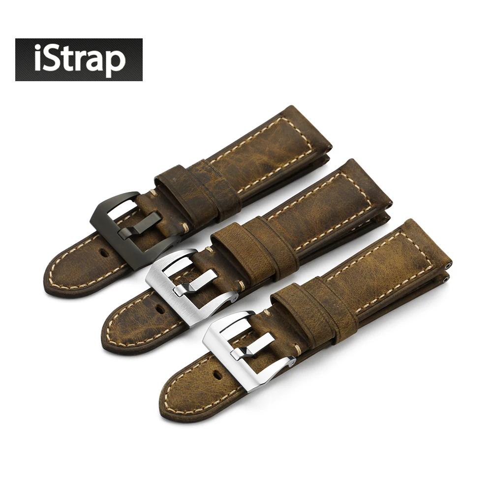 Handmade 24mm Italy Vintage Genuine Leather Watch Band with Stainless Steel Buckle Watch Strap for Panerai