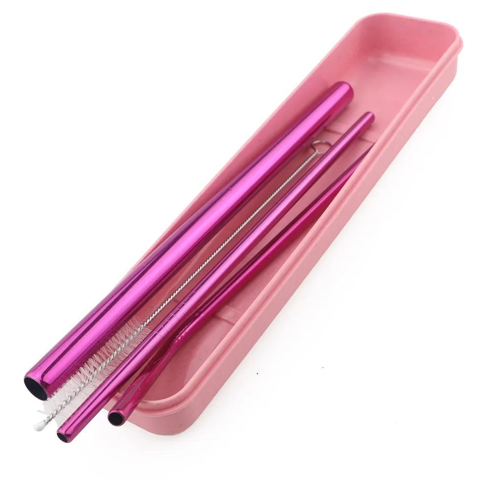 

New Color Box Packing Pink Stainless Steel Metal Drinking Straw Reusable Bend Straws with Box Cleaner Brush For Mugs 12mm*215MM