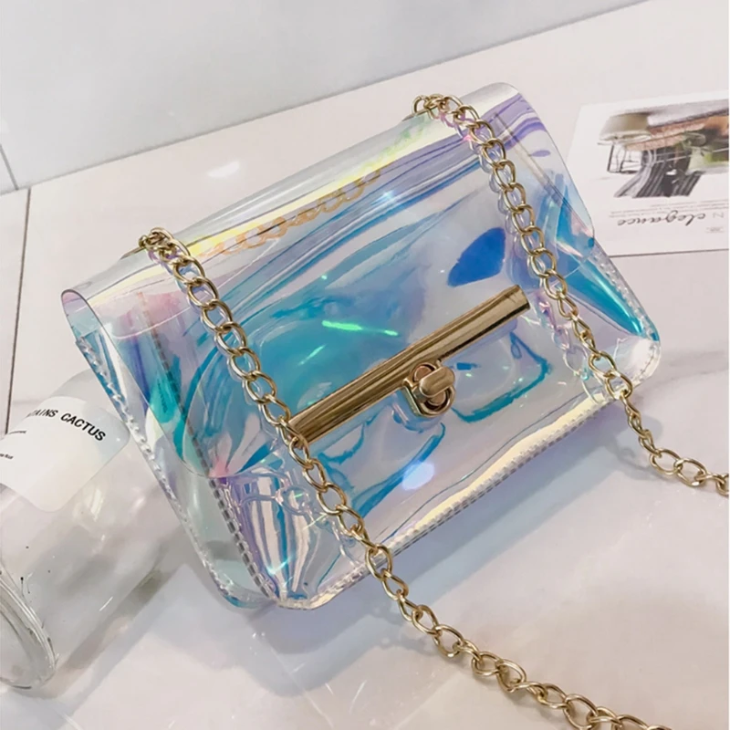 

2018 New Women PVC Chain Bag Laser Transparent Clear Tote Shoulder Crossbody Handbag Bags
