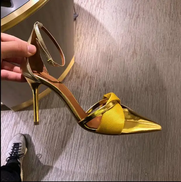 

2019 new summer word with sandals female leather pointed single shoes gold high heels female stiletto sexy fashion