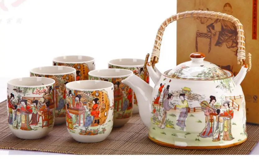 Модный керамический чайный набор из 7 предметов(1 чайник, шесть чайных чашек), чайные наборы высокого качества, посуда для напитков, китайский фарфор, чайные инструменты для кунг-фу - Цвет: G