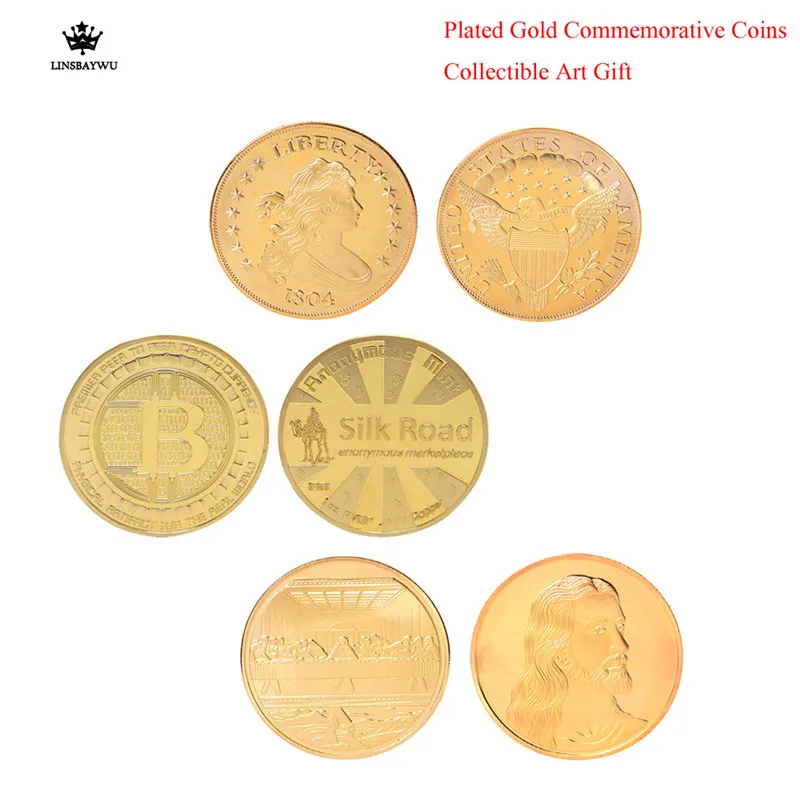 

Hot Sale Plated Gold Bitcoin Commemorative Coins Statue of Liberty/Jesus/Silk Road Collection Art Free Shipping