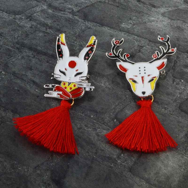 Qihe ювелирные изделия Kitsune булавка японский Олень Кролик змея лиса Кабуки ниндзя маска с красной брошь с кисточкой Нагрудный значок булавка