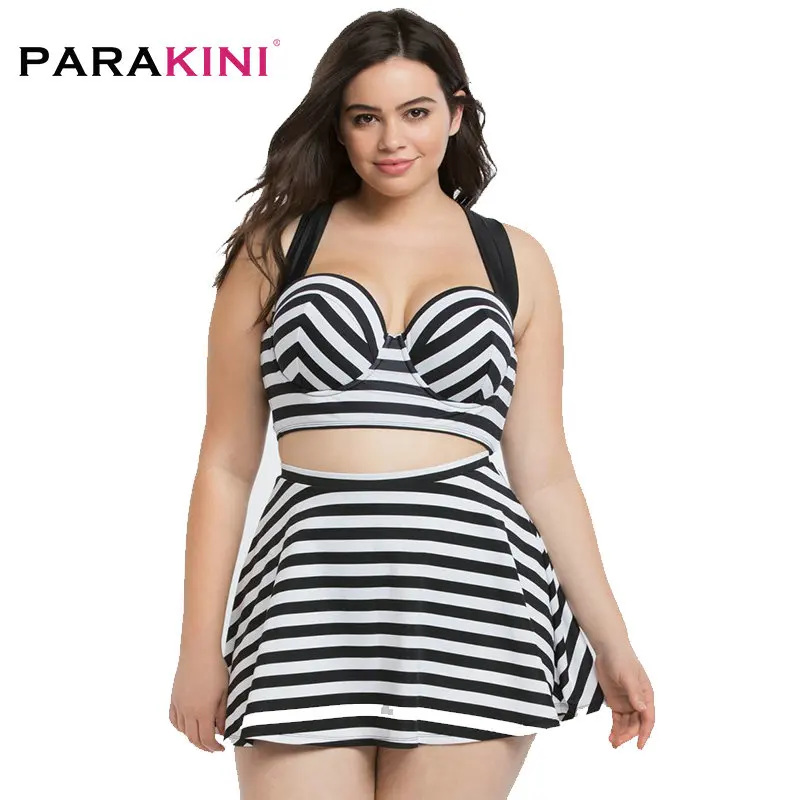 

PARAKINI Plus Size Skirted Swimdress Two-piece Swimwear Women Push Up Swimsuit Female Halter Bathing Retro Striped Beachwear