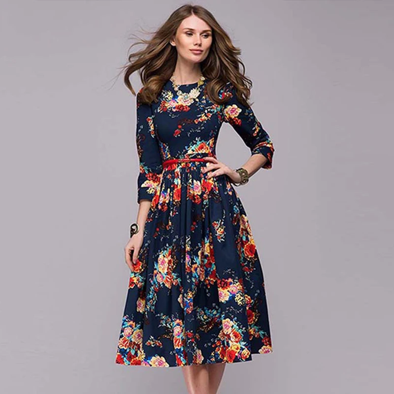 

New Spring Vintage Flower Print Long Sleeve Dress Women Fashion Vestidos Dresses Plus Size Elegant Party Dress