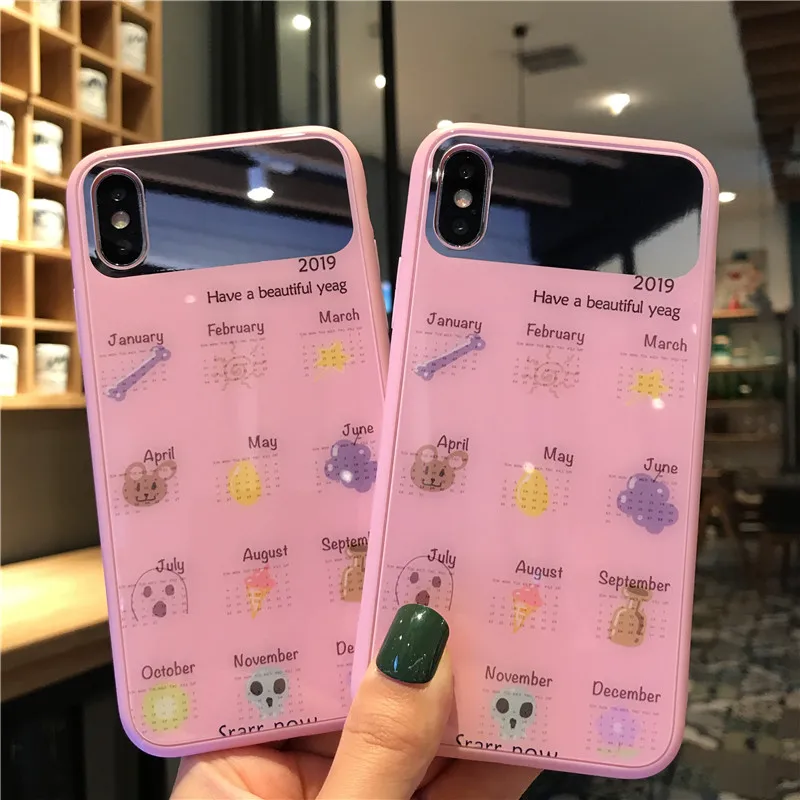 

Pink Girly Phone Cover for Iphone Xr Case Tempered Glass Mirror Calendar Patterned Cases for Iphone 6/6S Plus X Xs Max 7 8 Plus
