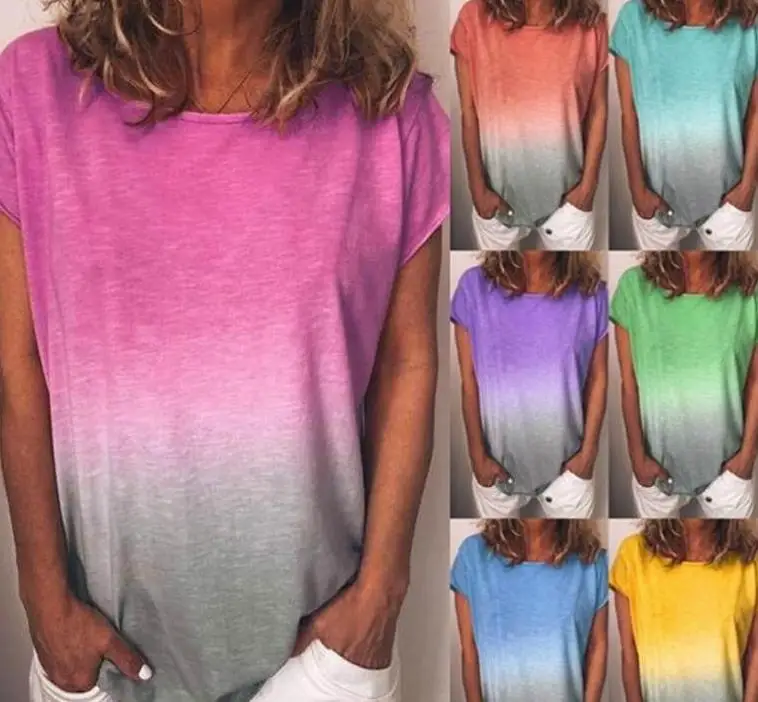 

explosion models Europe and the United States casual fashion women's T-shirt rainbow gradient printing large size ladies T-shirt