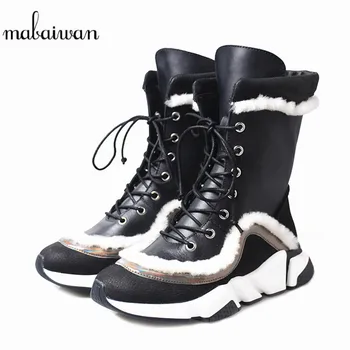 

Mabaiwan New Fashion Black Women Snow Short Ankle Boots Lace Up Platform Wedge Shoes Women's Botines Mujer Flats With Sneakers