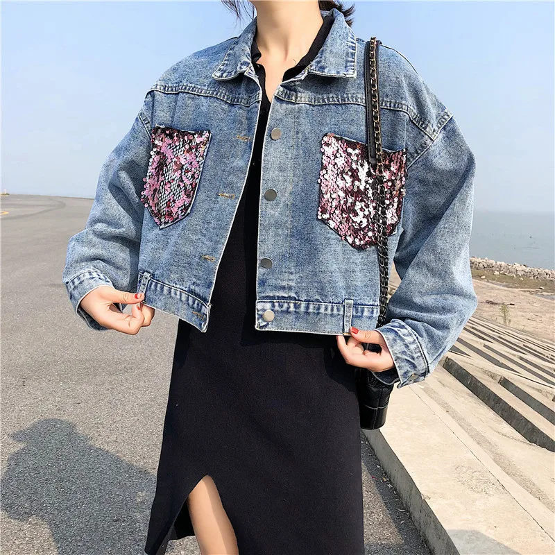 

2019 Hole Jean Jacket Women Spring Short Sequin Denim Jackets Splice Autumn Female Spring Coats for Women Female Navel Clothes