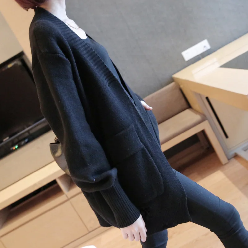 autumn new women's loose wild slit sweater coat long solid color sweater cardigan - Цвет: Classic black