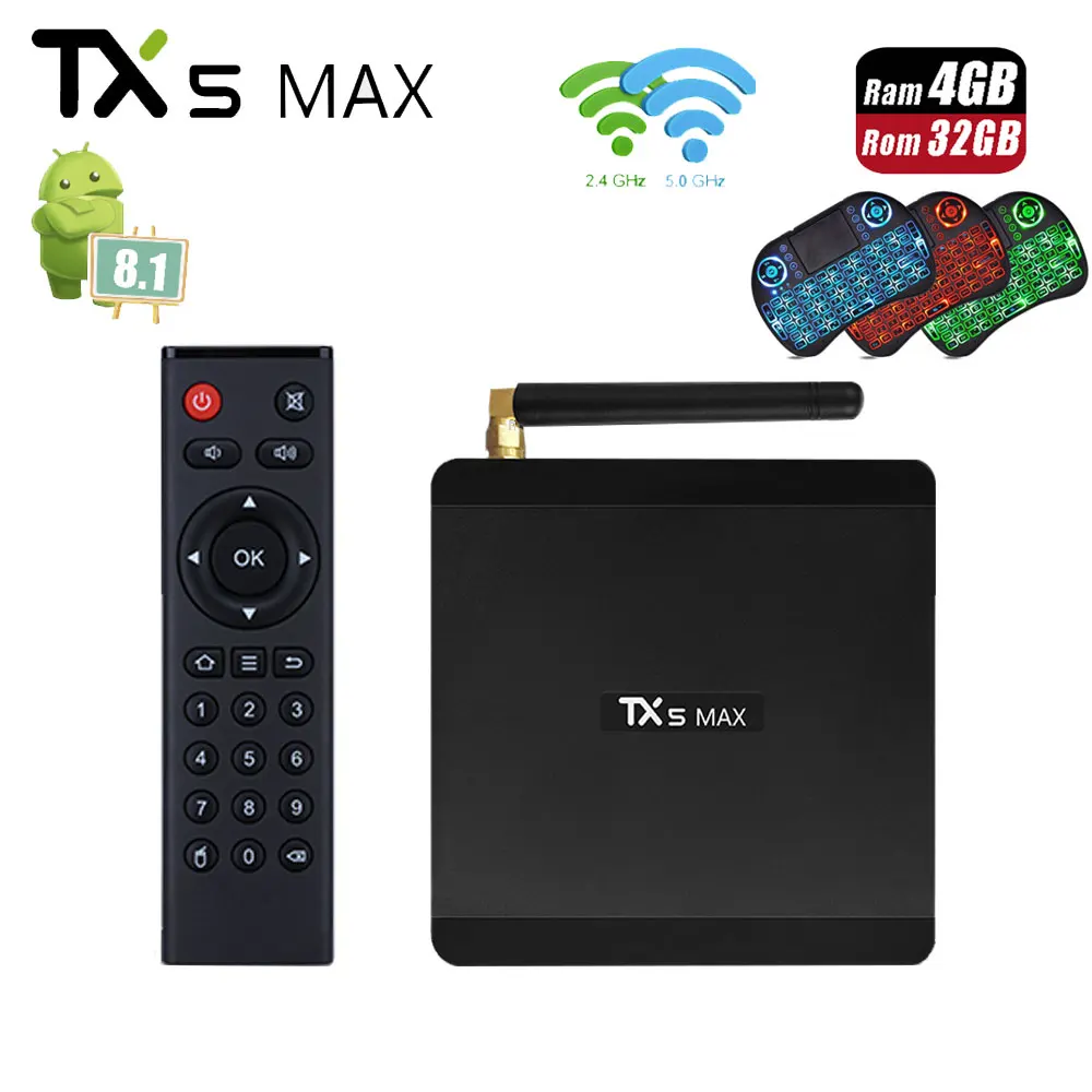 

TX5 MAX DDR4 4GB RAM 32GB ROM 2.4G 5G WiFi 1000M LAN Bluetooth Android 8.1 TV Box Amlogic S905X2 Quad Core 4K HD Smart TV Box