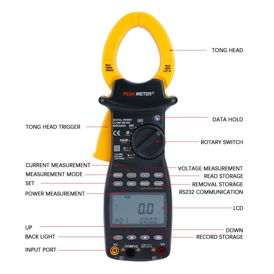 PEAKMETER MS2205 трехфазный зажим измеритель мощности многофункциональный гармонический тест мощности er с тестовыми зондами