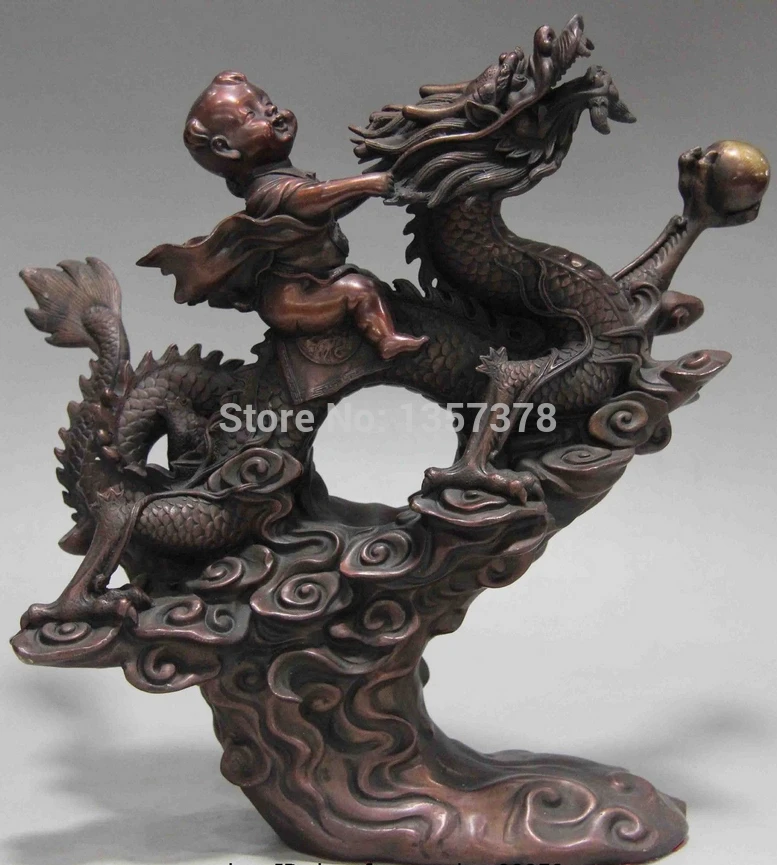 

shitou 0080 Chinese Folk Pure Red Copper Bronze Feng Shui Lucky Wealth Boy Sit Dragon Statue