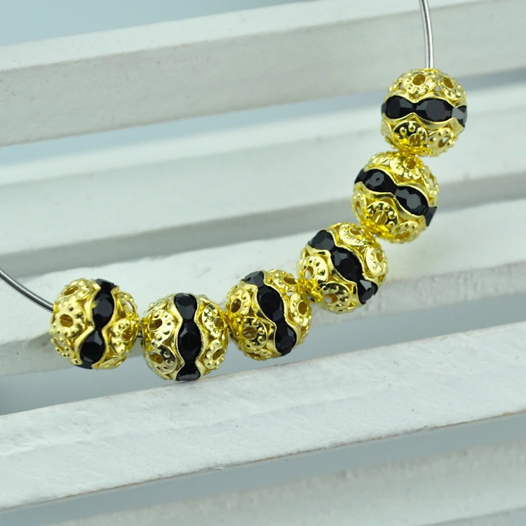 

100pcs Gold Color Metal Beads 10mm Black Crystal Rhinestone Beads For Jewelry Making Spacer Charm Necklace Bracelet DIY Beads