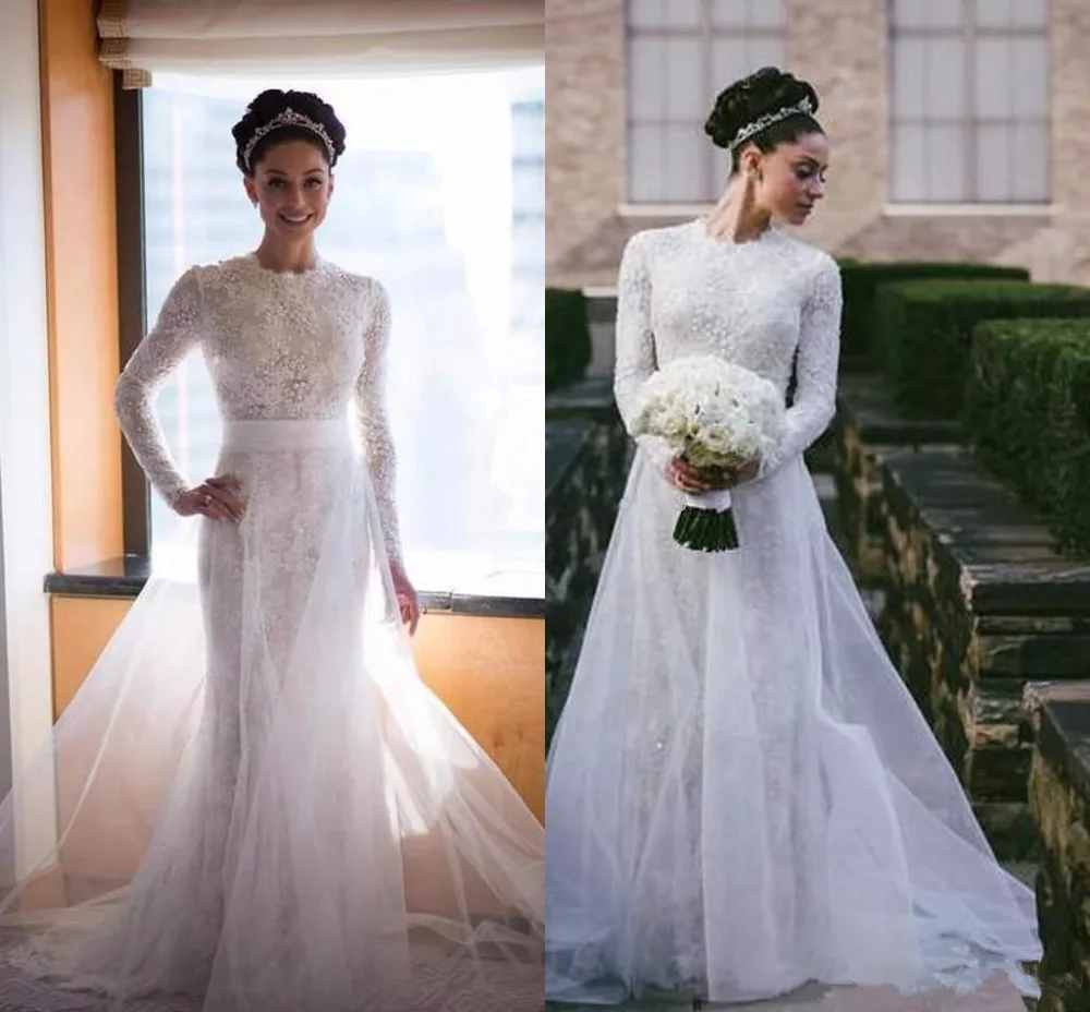 Vestido De Nova сексуальный топ с высоким воротом Свадебные платья Русалочки с юбка с длинными рукавами полный кружевные свадебные платья, платья невесты