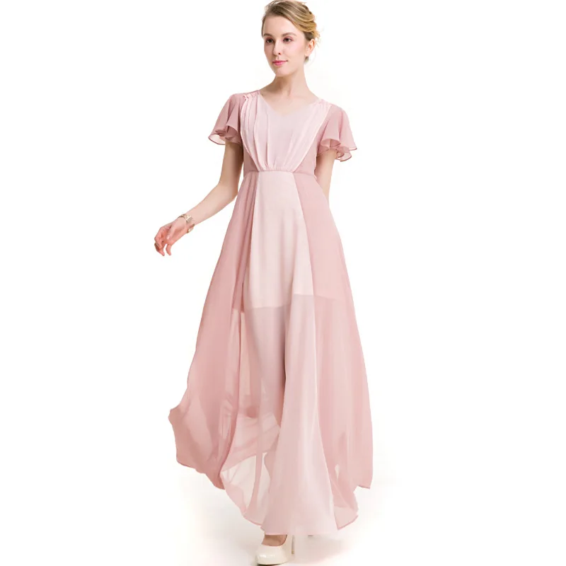

Newest Design Summer Hit Color Short Sleeved Dress A-line Patchwork Floor-length V-neck Dress For Women XHSD-001-116