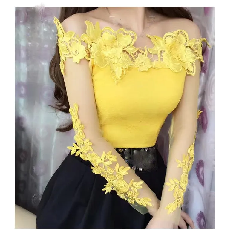 

Spring Summer Women Sweet Slash Neck Floral Lace Blouse Sexy Club Ladies Long Sleeve Mesh Blouses Backless Sexy Tops