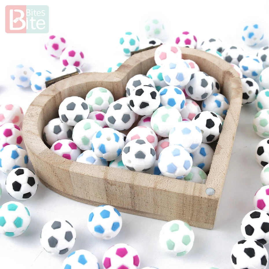 

Silicone Beads 15mm Baby Teether Football Food Grade Silicone Soccer Round Bead 5PC BPA Free Bracelet Making Teether Bite Bites
