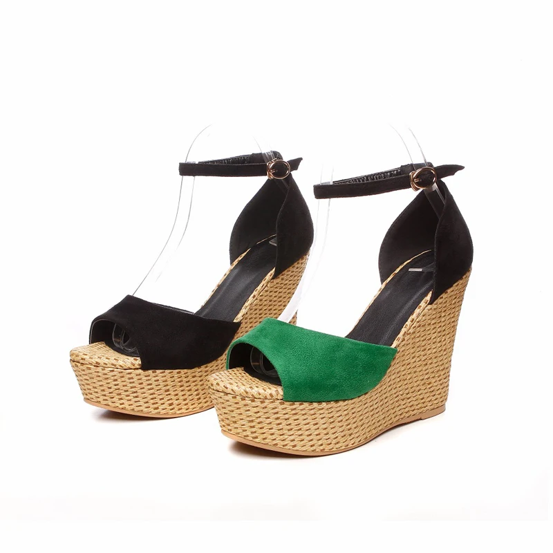 Fashion Women High Heels Summer Sandals New Arrival Open Toe Straw Wedges Platform Buckle Strap Casual Shoes Woman Green Black (10)