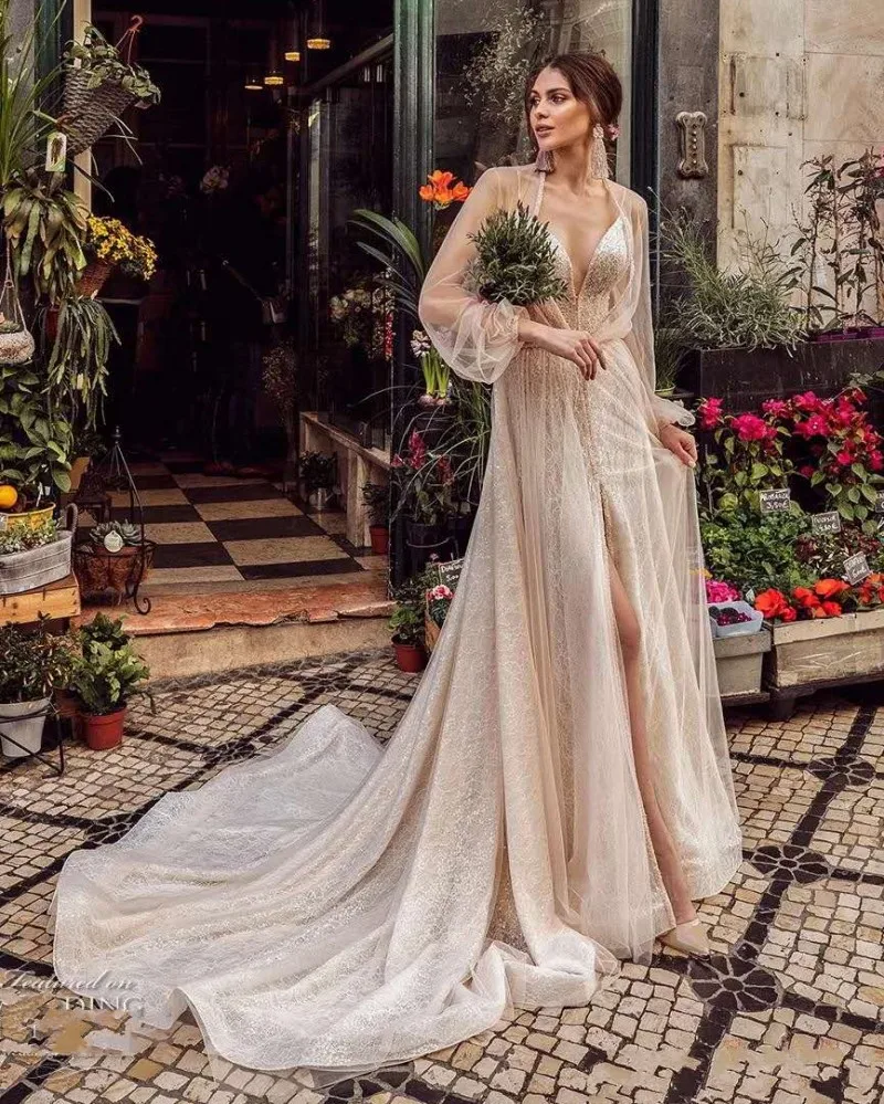 Весна Лето, кружевное пляжное свадебное платье, сексуальное, Boho Vestido De Noiva Eleagnt, Тюлевое, с рукавами-фонариками, с разрезом спереди, свадебные платья