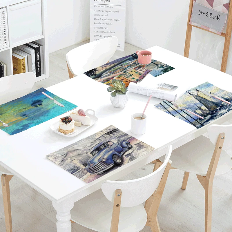 

Retro Tablecloth 42x32cm Sea Boat House Car Tea Coffee Table Mat Kitchen Restaurant Living room Decoration Napkins Western Mat