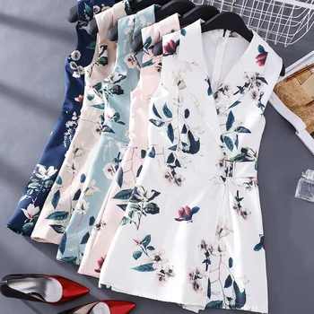 

FMFSSOM Women Floral Print Vest Rompers New Summer Lady Sleeveless Turndown Collar Slim Short Rompers