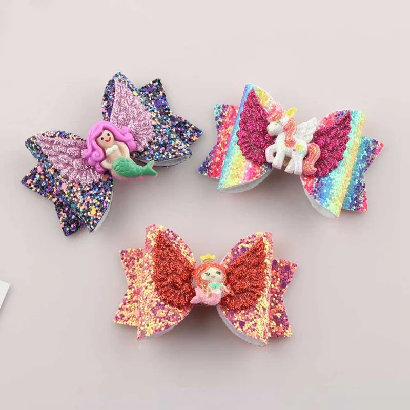 

1Piece 3inch Gradient Color Bow Mermaid Unicorn Hair Clip Boutique Glitter Bows Hairgrips Girls Gift Hair Accessories