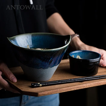 

ANTOWALL European Style Deep Blue Personalized Bowl Double Hole Handle Ceramic Noodle Bowl Irregular Salad Large Bowl
