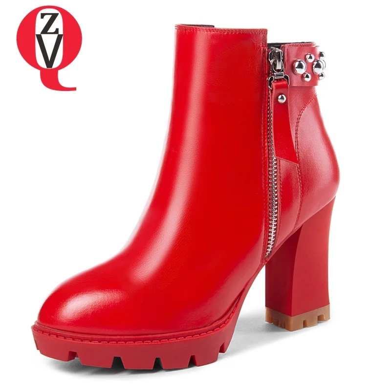 

ZVQ 2018 new fashion sexy round toe super high square heel platform zipper metal decoration women shoes winter warm ankle boots