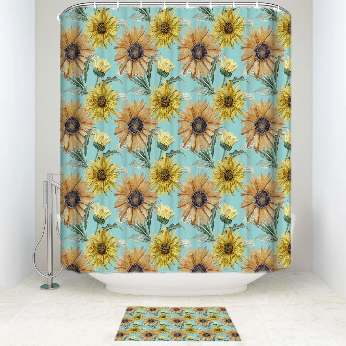 

Watercolor Hand-Green Painted Flower Pattern Sunflower Shower Curtain Doormat Sets 2 Piece Bathroom Set Shower Curtain Sets Bath