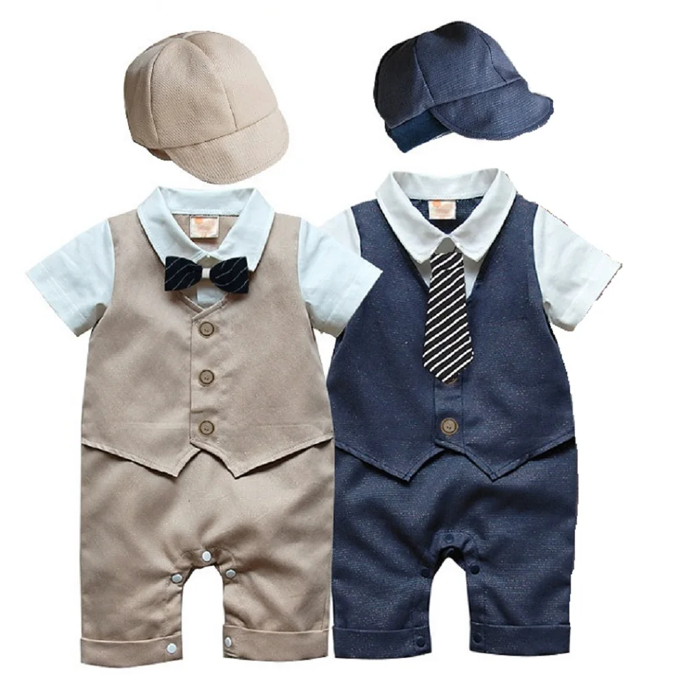 

Handsome Baby Boys Clothes Newborn Rompers Gentleman Costumes Baby Jumpsuits With Hats Short Sleeve Tuxedo Vest Cotton Bow Ties