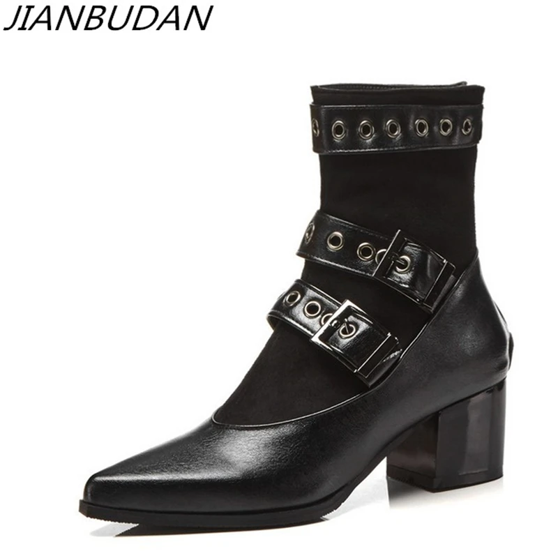 JIANBUDAN/ Autumn high heeled motorcycle boots women's Belt buckle