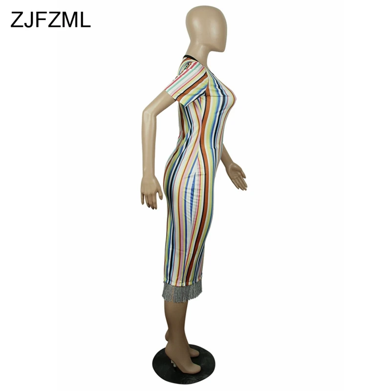 ZJFZML, круглый вырез, короткий рукав, летние платья для женщин, Радужное, в Вертикальную Полоску, облегающее платье с кисточками, уличная одежда, вечерние, Клубные, обтягивающие платья